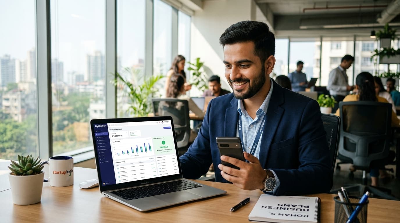 Founder using MyMobPay merchant dashboard on laptop